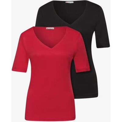 Street One T-Shirts mit Herzausschnitt im 2er-Pack - Rot Schwarz - Damen Street One T-Shirts mit Herzausschnitt im 2er-Pack - Rot Schwarz - Damen