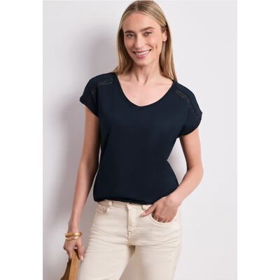 Street One Shirt mit V-Neck und Crochet-Details - Blau - Damen Street One Shirt mit V-Neck und Crochet-Details - Blau - Damen