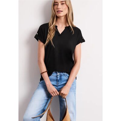 Street One T-Shirt mit Split Neck und Knopfdetails - Schwarz - Damen Street One T-Shirt mit Split Neck und Knopfdetails - Schwarz - Damen