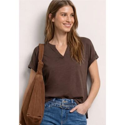 Street One T-Shirt mit Split Neck und Knopfdetails - Braun - Damen Street One T-Shirt mit Split Neck und Knopfdetails - Braun - Damen