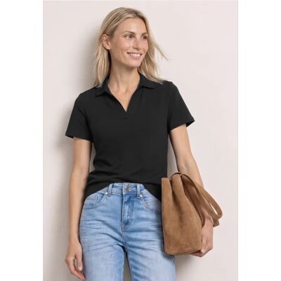 Street One Kurzarm Poloshirt mit Split Neck - Schwarz - Damen Street One Kurzarm Poloshirt mit Split Neck - Schwarz - Damen