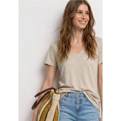 Street One Basic T-Shirt mit V-Neck in Unifarbe - Beige - Damen Street One Basic T-Shirt mit V-Neck in Unifarbe - Beige - Damen