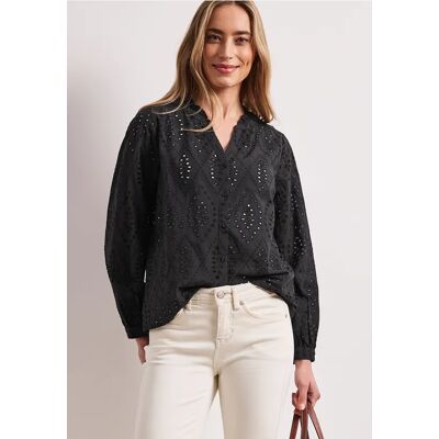 Street One Bluse mit Split Neck und Shiffley-Muster - Schwarz - Damen Street One Bluse mit Split Neck und Shiffley-Muster - Schwarz - Damen