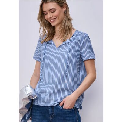 Street One Kurzarm Bluse mit Split Neck und Streifen - Blau - Damen Street One Kurzarm Bluse mit Split Neck und Streifen - Blau - Damen