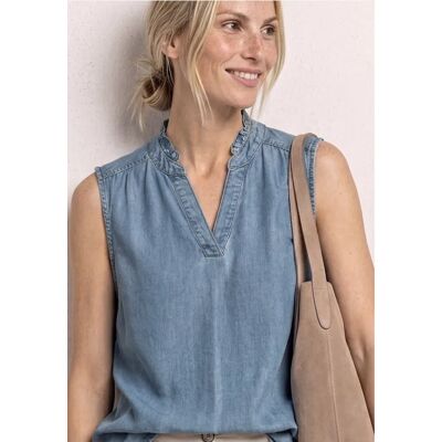 Street One Blusentop im Denim-Look mit Rüschen - Blau - Damen Street One Blusentop im Denim-Look mit Rüschen - Blau - Damen