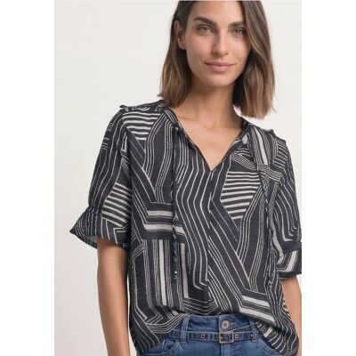 Street One Kurzarm Bluse mit Split Neck und Print - Blau - Damen Street One Kurzarm Bluse mit Split Neck und Print - Blau - Damen
