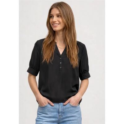 Street One Kurzarm Bluse mit Split Neck und Elastiksaum - Schwarz - Damen Street One Kurzarm Bluse mit Split Neck und Elastiksaum - Schwarz - Damen