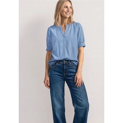 Street One Kurzarm Bluse mit Split Neck und Elastiksaum - Blau - Damen Street One Kurzarm Bluse mit Split Neck und Elastiksaum - Blau - Damen