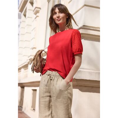 Street One Studio T-Shirt mit Rundhals und Spitzenärmeln - Rot - Damen Street One Studio T-Shirt mit Rundhals und Spitzenärmeln - Rot - Damen