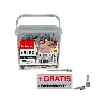 AKTION: fischer Terrassenschrauben 576393 5 mm x 50 mm, 500 St. + GRATIS 2 x Edelstahlbit TX 20 AKTION: fischer Terrassenschrauben 576393 5 mm x 50 mm, 500 St. + GRATIS 2 x Edelstahlbit TX 20