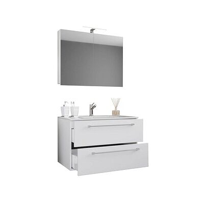 VCM Weißes Badezimmermöbel-Set - 3-teilig mit Waschbecken & Spiegel VCM Weißes Badezimmermöbel-Set - 3-teilig mit Waschbecken & Spiegel