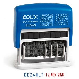 COLOP Datumstempel mit Text Mini-Info-Dater S120/WD selbstfärbend blau rot ohne Logo, 1 St. COLOP Datumstempel mit Text Mini-Info-Dater S120/WD selbstfärbend blau rot ohne Logo, 1 St.