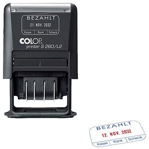 COLOP Datumstempel mit Text "Bezahlt" Printer S 260/L2 N selbstfärbend blau, rot ohne Logo, 1 St. COLOP Datumstempel mit Text "Bezahlt" Printer S 260/L2 N selbstfärbend blau, rot ohne Logo, 1 St.