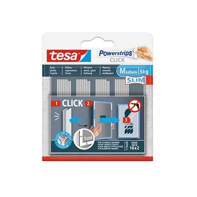 tesa Powerstrips Click MEDIUM Slim Klett-Klebestreifen für max. 5,0 kg, 1,0 x 8,0 cm, 16 St. tesa Powerstrips Click MEDIUM Slim Klett-Klebestreifen für max. 5,0 kg, 1,0 x 8,0 cm, 16 St.