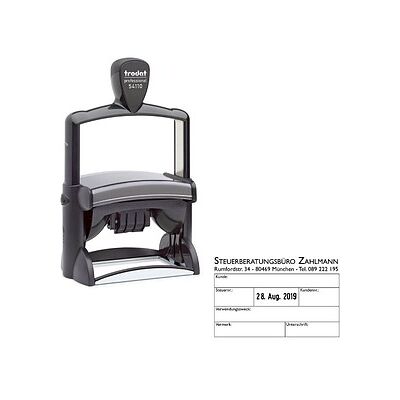 trodat Datumstempel mit Text individualisierbar 54110 selbstfärbend schwarz Logo möglich, 1 St. - Direkt online personalisieren trodat Datumstempel mit Text individualisierbar 54110 selbstfärbend schwarz Logo möglich, 1 St. - Direkt online personalisieren