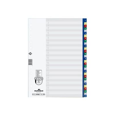 DURABLE Ordnerregister DIN A4 Vollformat 1-31 blau, gelb, rot, grün, grau 31-teilig, 1 Satz DURABLE Ordnerregister DIN A4 Vollformat 1-31 blau, gelb, rot, grün, grau 31-teilig, 1 Satz