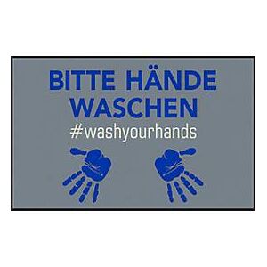 Fußmatte Bitte Hände waschen, Polyamid, Rücken/Ränder aus Nitrilgummi, waschbar, L 750 x B 1200 mm, grau/blau