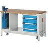 eurokraft pro Fahr- und absenkbare Werkbank, Gestellbauweise Serie 8, 3 Schubladen, Klapplift-Schraubstock, BxT 1500 x 700 mm