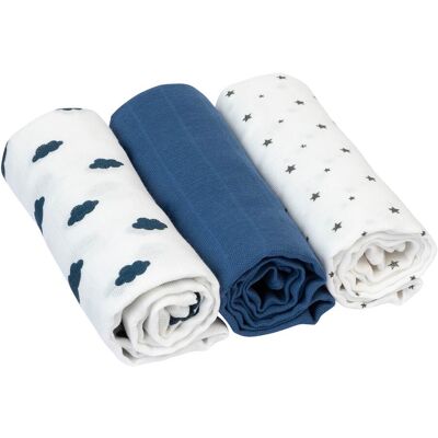 Bornino 3er-Pack Mullwindeln Wolken und Sterne 80x80 cm - blau - Junge Bornino 3er-Pack Mullwindeln Wolken und Sterne 80x80 cm - blau - Junge