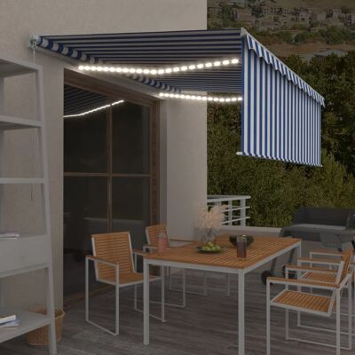 vidaXL Markise Manuell Einziehbar mit Rollo & LED 4,5x3 m Blau & Weiß vidaXL Markise Manuell Einziehbar mit Rollo & LED 4,5x3 m Blau & Weiß
