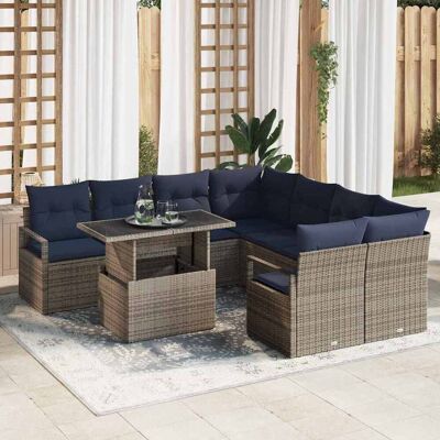 vidaXL Gartensofa-set mit Kissen 9 pcs Grau und Marineblau Poly-Rattan vidaXL Gartensofa-set mit Kissen 9 pcs Grau und Marineblau Poly-Rattan