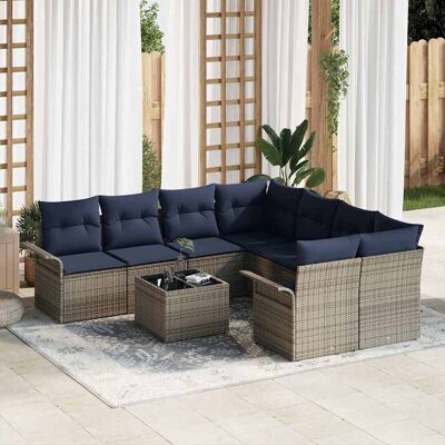 vidaXL Gartensofa-set mit Kissen 9 pcs Grau und Marineblau Poly-Rattan vidaXL Gartensofa-set mit Kissen 9 pcs Grau und Marineblau Poly-Rattan