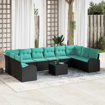 vidaXL Gartensofa-set mit Kissen 11 pcs Schwarz und Türkis Poly-Rattan vidaXL Gartensofa-set mit Kissen 11 pcs Schwarz und Türkis Poly-Rattan