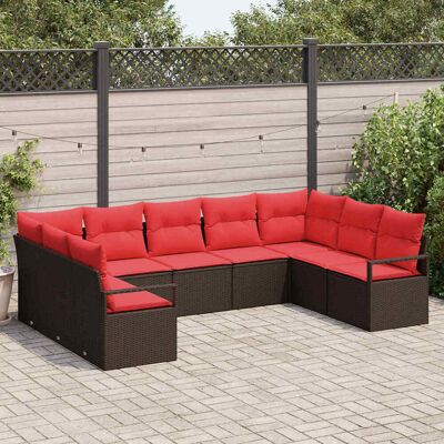 vidaXL Gartensofa-set mit Kissen 9 pcs Braun und Rot Poly-Rattan vidaXL Gartensofa-set mit Kissen 9 pcs Braun und Rot Poly-Rattan