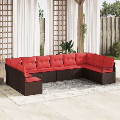 vidaXL Gartensofa-set mit Kissen 10 pcs Braun und Rot Poly-Rattan vidaXL Gartensofa-set mit Kissen 10 pcs Braun und Rot Poly-Rattan