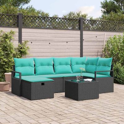 vidaXL Sofa Set mit Kissen 7 pcs Schwarz und Türkis Poly-Rattan vidaXL Sofa Set mit Kissen 7 pcs Schwarz und Türkis Poly-Rattan