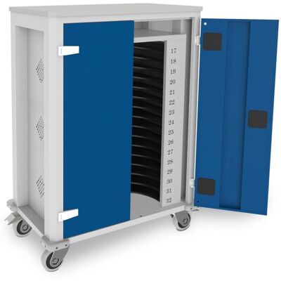 rotstahl Tabletwagen Power für 32 Tablets mit lichtgrauem Korpus; 73x44x105 cm (BxTxH); dunkelblau rotstahl Tabletwagen Power für 32 Tablets mit lichtgrauem Korpus; 73x44x105 cm (BxTxH); dunkelblau