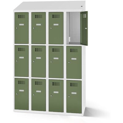 rotstahl Fächerschrank mit Ladefunktion 12 Fächer 4x3 mit lichtgrauem Korpus; 120x200 cm (BxH); hellgrün rotstahl Fächerschrank mit Ladefunktion 12 Fächer 4x3 mit lichtgrauem Korpus; 120x200 cm (BxH); hellgrün