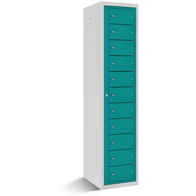 rotstahl Fächerschrank mit Zentraltür 11 Fächer mit lichtgrauem Korpus; 40x50x180 cm (BxTxH); türkis rotstahl Fächerschrank mit Zentraltür 11 Fächer mit lichtgrauem Korpus; 40x50x180 cm (BxTxH); türkis