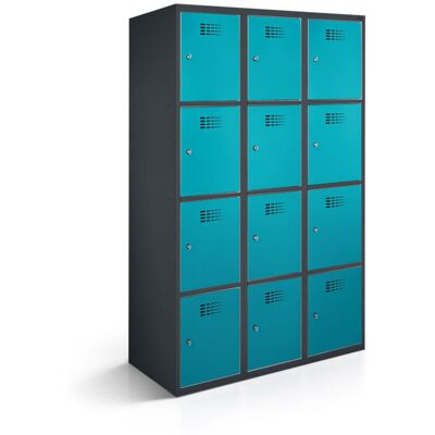 rotstahl Fächerschrank 12 Fächer 3x4 mit anthrazitgrauem Korpus; 120x50x180 cm (BxTxH); türkis rotstahl Fächerschrank 12 Fächer 3x4 mit anthrazitgrauem Korpus; 120x50x180 cm (BxTxH); türkis