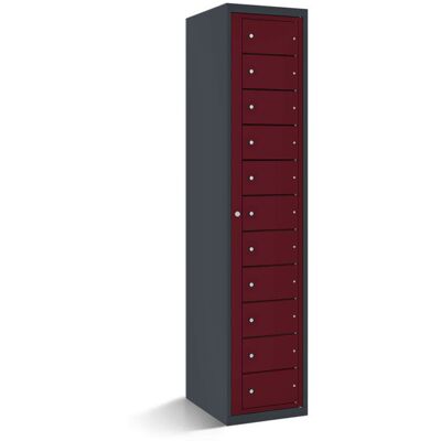 rotstahl Fächerschrank mit Zentraltür 11 Fächer mit anthrazitgrauem Korpus; 40x50x180 cm (BxTxH); bordeaux rotstahl Fächerschrank mit Zentraltür 11 Fächer mit anthrazitgrauem Korpus; 40x50x180 cm (BxTxH); bordeaux