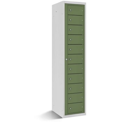 rotstahl Fächerschrank mit Zentraltür 11 Fächer mit lichtgrauem Korpus; 40x50x180 cm (BxTxH); hellgrün rotstahl Fächerschrank mit Zentraltür 11 Fächer mit lichtgrauem Korpus; 40x50x180 cm (BxTxH); hellgrün
