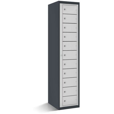 rotstahl Fächerschrank mit Zentraltür 11 Fächer mit anthrazitgrauem Korpus; 40x50x180 cm (BxTxH); hellgrau rotstahl Fächerschrank mit Zentraltür 11 Fächer mit anthrazitgrauem Korpus; 40x50x180 cm (BxTxH); hellgrau