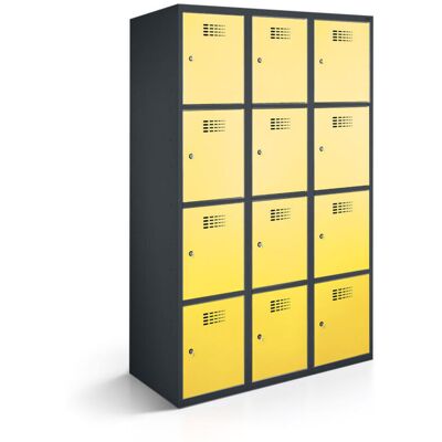 rotstahl Fächerschrank 12 Fächer 3x4 mit anthrazitgrauem Korpus; 120x50x180 cm (BxTxH); gelb rotstahl Fächerschrank 12 Fächer 3x4 mit anthrazitgrauem Korpus; 120x50x180 cm (BxTxH); gelb