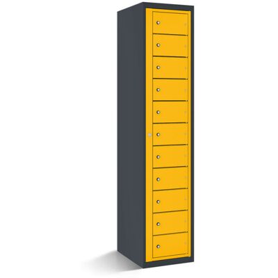 rotstahl Fächerschrank mit Zentraltür 11 Fächer mit anthrazitgrauem Korpus; 40x50x180 cm (BxTxH); gelb rotstahl Fächerschrank mit Zentraltür 11 Fächer mit anthrazitgrauem Korpus; 40x50x180 cm (BxTxH); gelb