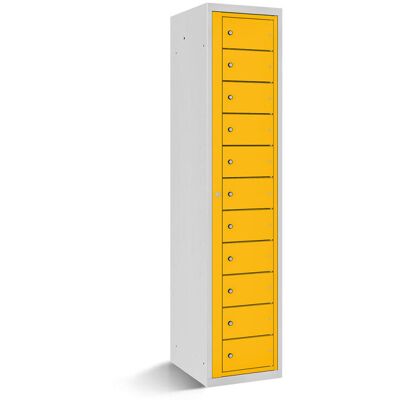 rotstahl Fächerschrank mit Zentraltür 11 Fächer mit lichtgrauem Korpus; 40x50x180 cm (BxTxH); gelb rotstahl Fächerschrank mit Zentraltür 11 Fächer mit lichtgrauem Korpus; 40x50x180 cm (BxTxH); gelb