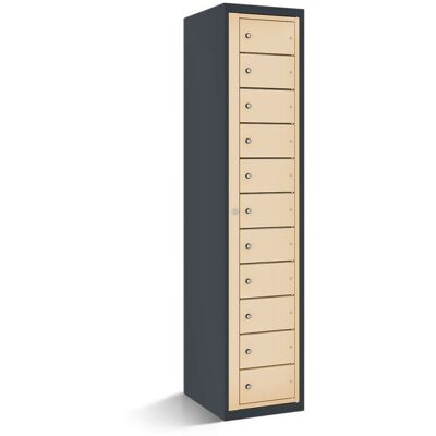 rotstahl Fächerschrank mit Zentraltür 11 Fächer mit anthrazitgrauem Korpus; 40x50x180 cm (BxTxH); elfenbein rotstahl Fächerschrank mit Zentraltür 11 Fächer mit anthrazitgrauem Korpus; 40x50x180 cm (BxTxH); elfenbein
