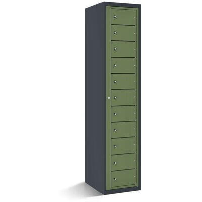 rotstahl Fächerschrank mit Zentraltür 11 Fächer mit anthrazitgrauem Korpus; 40x50x180 cm (BxTxH); hellgrün rotstahl Fächerschrank mit Zentraltür 11 Fächer mit anthrazitgrauem Korpus; 40x50x180 cm (BxTxH); hellgrün