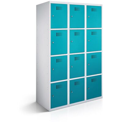 rotstahl Fächerschrank 12 Fächer 3x4 mit lichtgrauem Korpus; 120x50x180 cm (BxTxH); türkis rotstahl Fächerschrank 12 Fächer 3x4 mit lichtgrauem Korpus; 120x50x180 cm (BxTxH); türkis