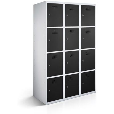 rotstahl Fächerschrank 12 Fächer 3x4 mit lichtgrauem Korpus; 90x50x180 cm (BxTxH); schwarz rotstahl Fächerschrank 12 Fächer 3x4 mit lichtgrauem Korpus; 90x50x180 cm (BxTxH); schwarz