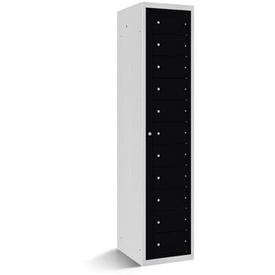 rotstahl Fächerschrank mit Zentraltür 11 Fächer mit lichtgrauem Korpus; 40x50x180 cm (BxTxH); schwarz rotstahl Fächerschrank mit Zentraltür 11 Fächer mit lichtgrauem Korpus; 40x50x180 cm (BxTxH); schwarz