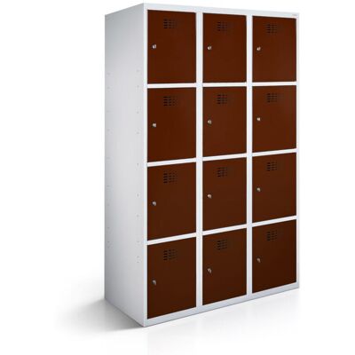 rotstahl Fächerschrank 12 Fächer 3x4 mit lichtgrauem Korpus; 120x50x180 cm (BxTxH); mahagoni rotstahl Fächerschrank 12 Fächer 3x4 mit lichtgrauem Korpus; 120x50x180 cm (BxTxH); mahagoni