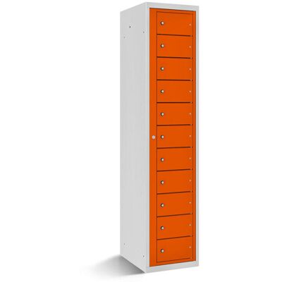 rotstahl Fächerschrank mit Zentraltür 11 Fächer mit lichtgrauem Korpus; 40x50x180 cm (BxTxH); orange rotstahl Fächerschrank mit Zentraltür 11 Fächer mit lichtgrauem Korpus; 40x50x180 cm (BxTxH); orange
