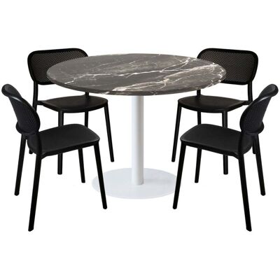 RestooTab Esstisch-Set Rome XL Gestell weiß mit 4 Stühlen - Dekor Stein; 120x120x75x120 cm (LxBxHxØ); schwarz/braun/marmoriert; Gestell schwarz; rund RestooTab Esstisch-Set Rome XL Gestell weiß mit 4 Stühlen - Dekor Stein; 120x120x75x120 cm (LxBxHxØ); schwarz/braun/marmoriert; Gestell schwarz; rund