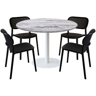 RestooTab Esstisch-Set Rome weiß Ø120cm und 4 Stühle - Modell blauer Mond; 120x120x75x120 cm (LxBxHxØ); eiche/weiß; Gestell schwarz; rund RestooTab Esstisch-Set Rome weiß Ø120cm und 4 Stühle - Modell blauer Mond; 120x120x75x120 cm (LxBxHxØ); eiche/weiß; Gestell schwarz; rund
