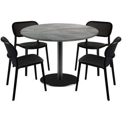 RestooTab Esstisch-Set Rome Ø120cm und 4 Stühle - Modell Blau Prusse mit Holzimitatkanten; 120x120x75x120 cm (LxBxHxØ); grau/blau/marmoriert; Gestell schwarz; rund RestooTab Esstisch-Set Rome Ø120cm und 4 Stühle - Modell Blau Prusse mit Holzimitatkanten; 120x120x75x120 cm (LxBxHxØ); grau/blau/marmoriert; Gestell schwarz; rund